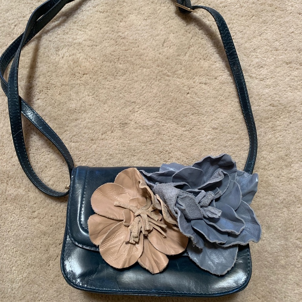Navy leather mini purse with leather flowers